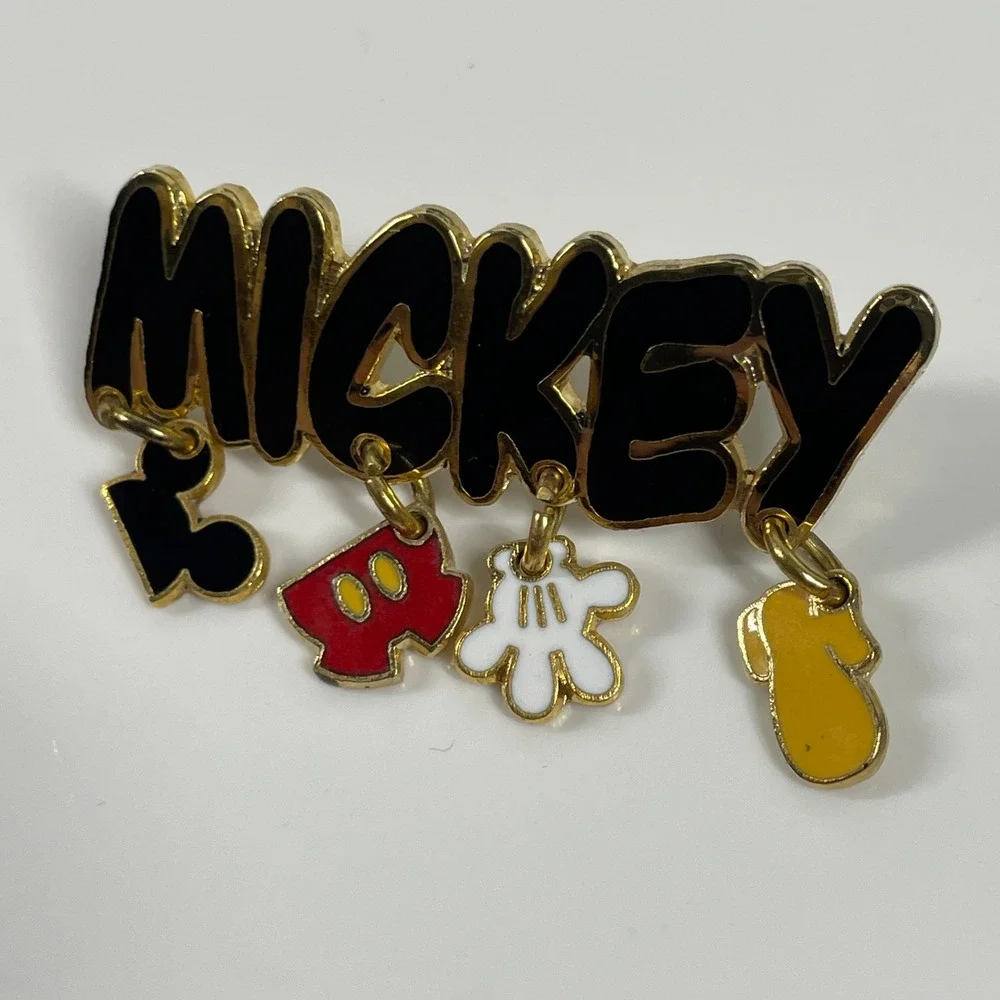Disney Mickey Mouse Enamel Pin Set Vintage Gold Tone Dangle Name 5pc OS